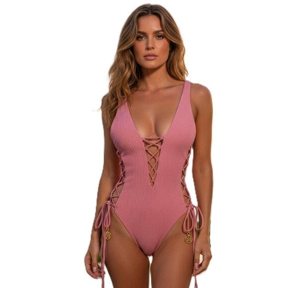 Luli Fama Women's Rosita Ribbed Deep V Lace-Up One Piece Swimsuit Dusty Pink XS - Picture 1 of 5